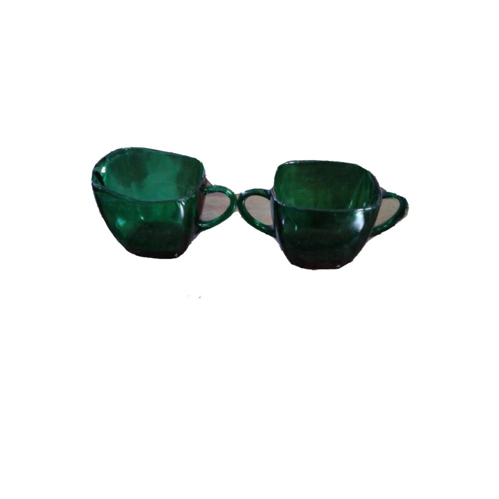Vintage Anchor Hocking set Forest Green Glass Sugar & Creamer Bowl- Square